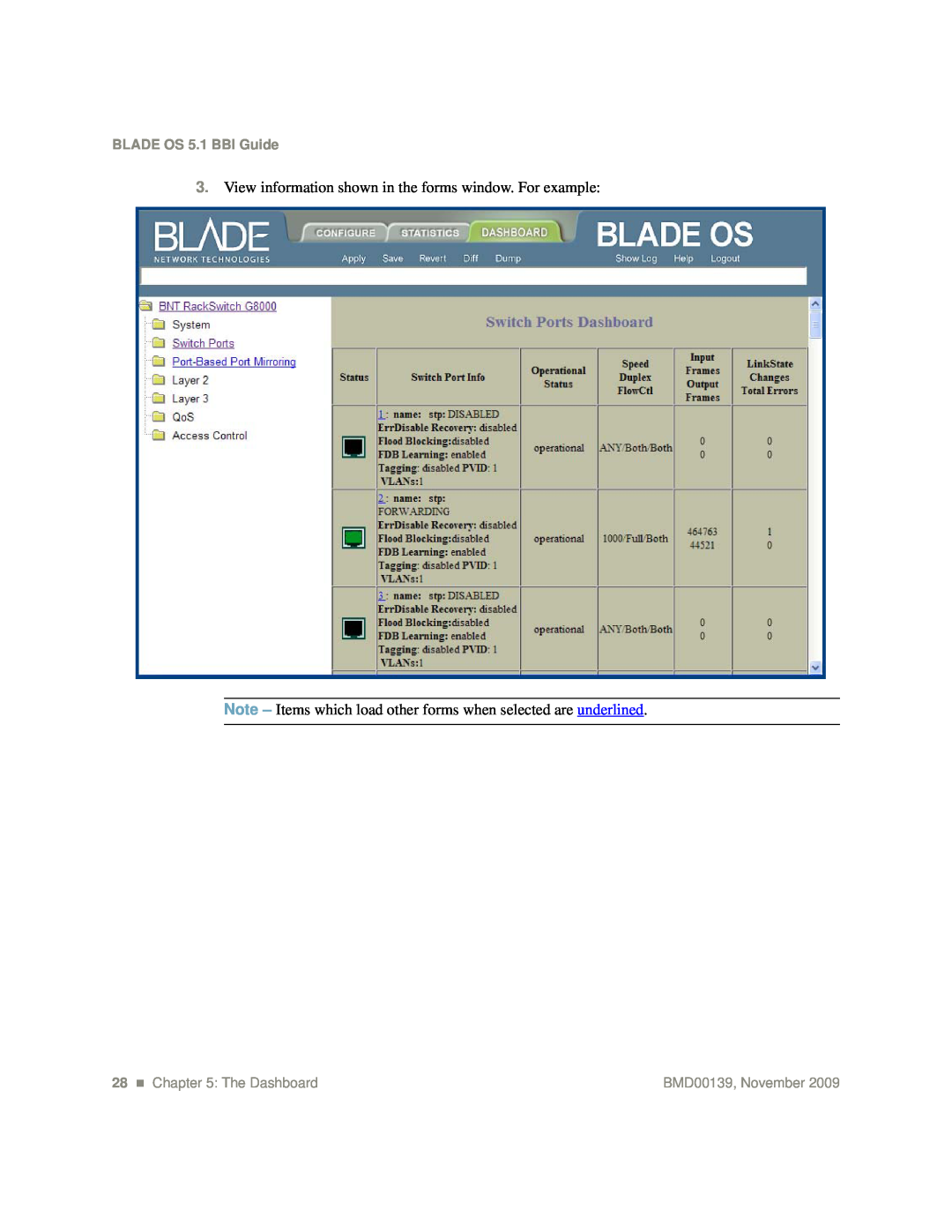 Blade ICE G8000 manual View information shown in the forms window. For example, BLADE OS 5.1 BBI Guide, 28 „ The Dashboard 