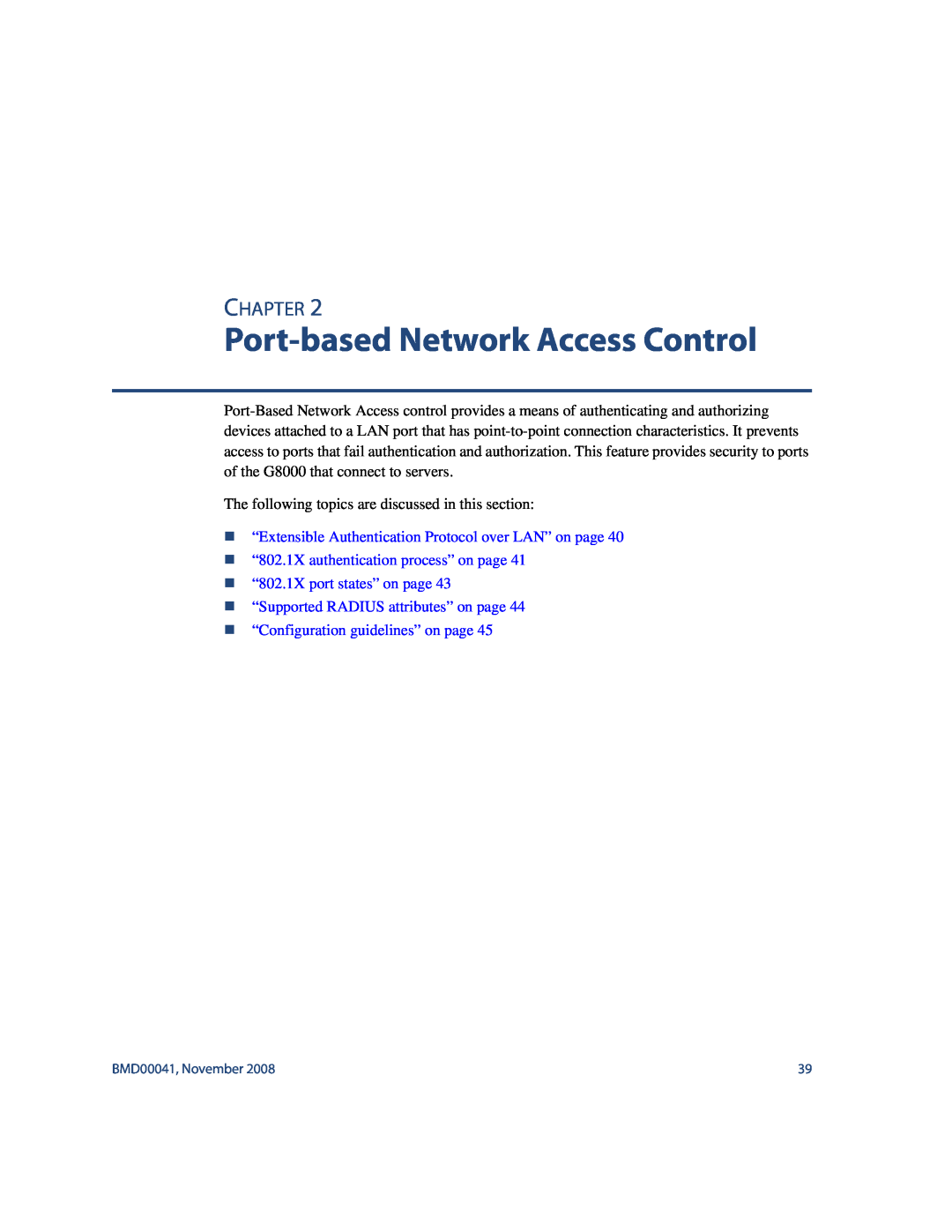 Blade ICE G8000 manual Port-based Network Access Control, Chapter, „ “Extensible Authentication Protocol over LAN” on page 