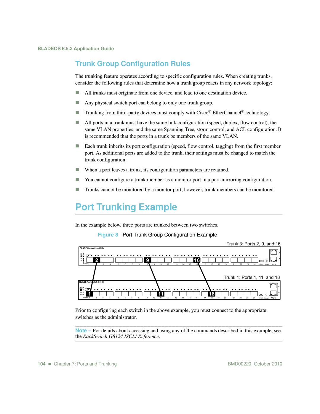 Blade ICE G8124-E manual Port Trunking Example, Trunk Group Configuration Rules 