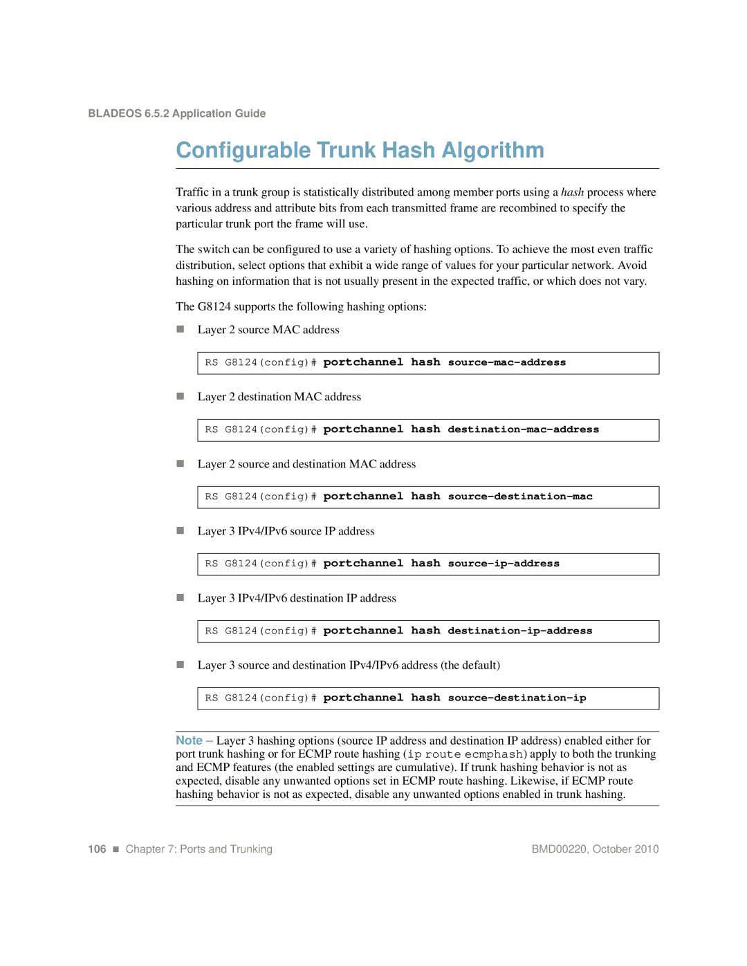 Blade ICE G8124 Configurable Trunk Hash Algorithm, Layer 2 destination MAC address, Layer 3 IPv4/IPv6 source IP address 