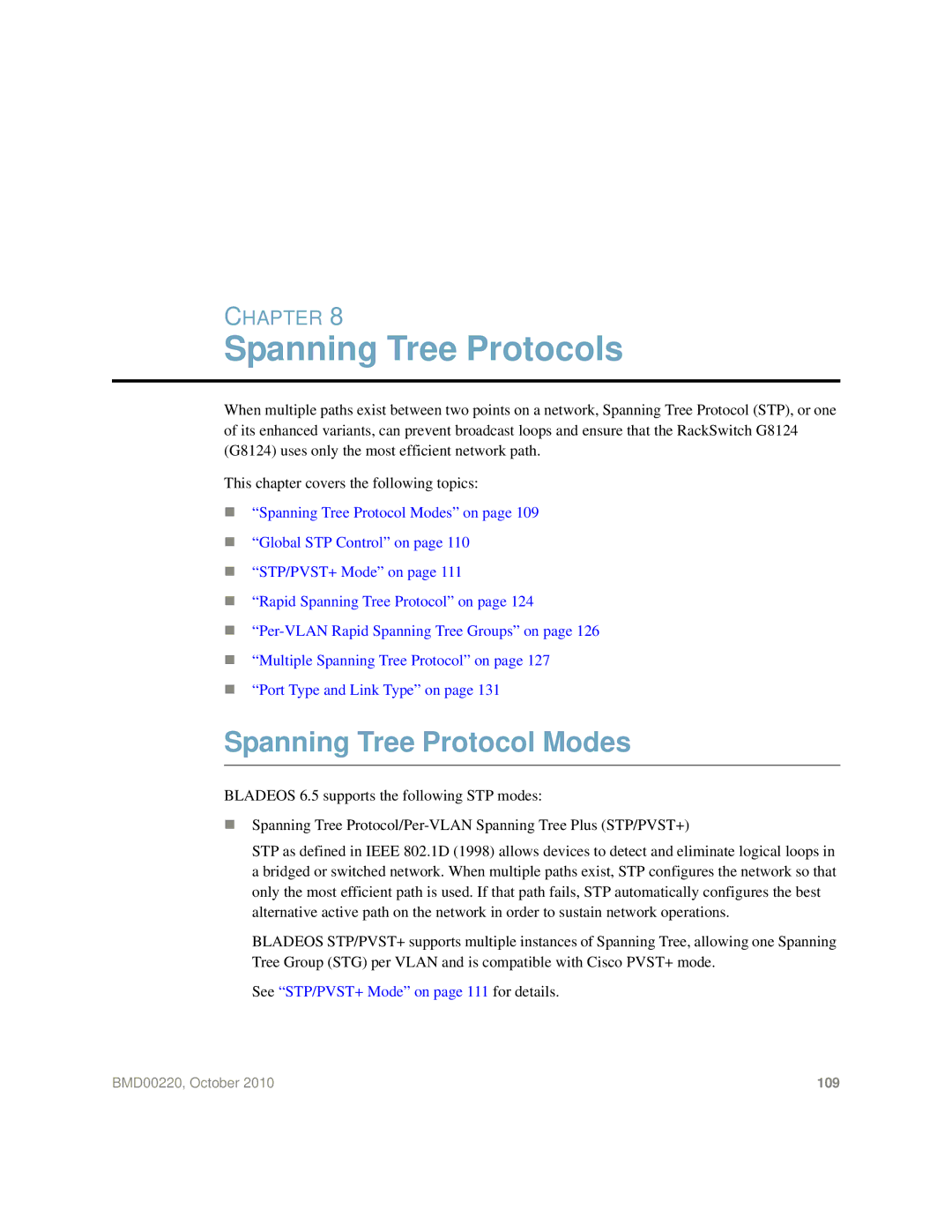 Blade ICE G8124-E manual Spanning Tree Protocols, Spanning Tree Protocol Modes 