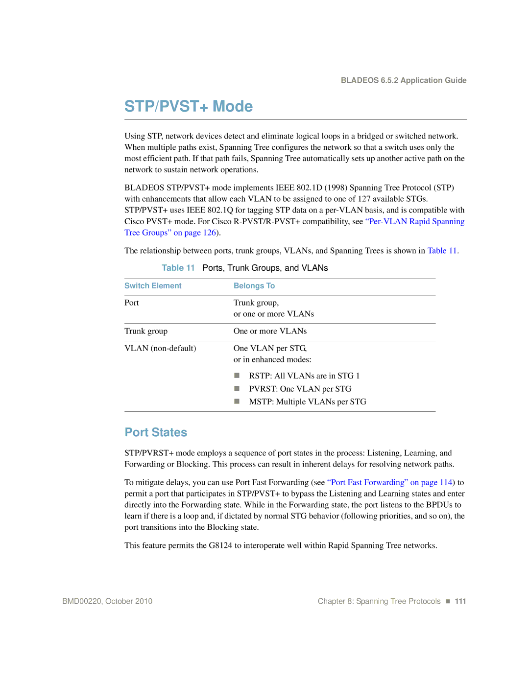 Blade ICE G8124-E manual STP/PVST+ Mode, Port States, Ports, Trunk Groups, and VLANs 