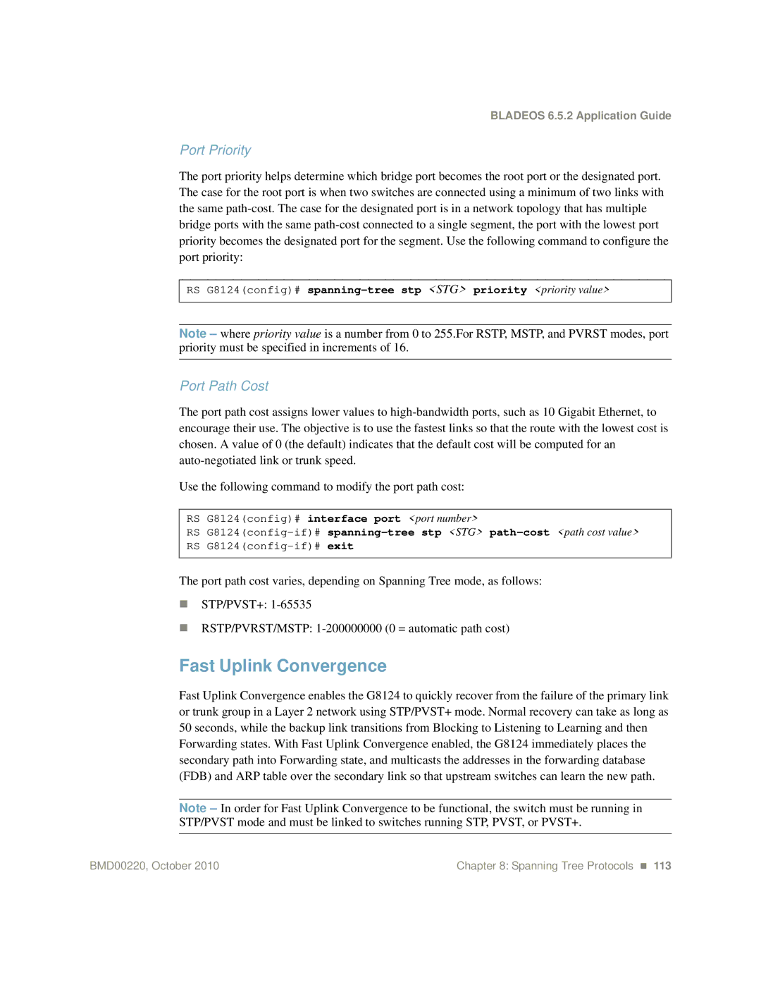 Blade ICE G8124-E manual Fast Uplink Convergence, Port Priority, Port Path Cost 