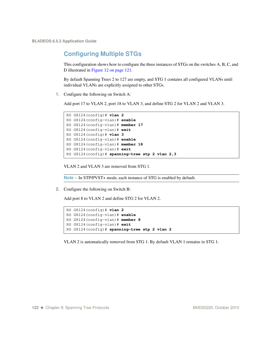 Blade ICE G8124-E manual Configuring Multiple STGs, RS G8124config# spanning-tree stp 2 vlan 2,3 