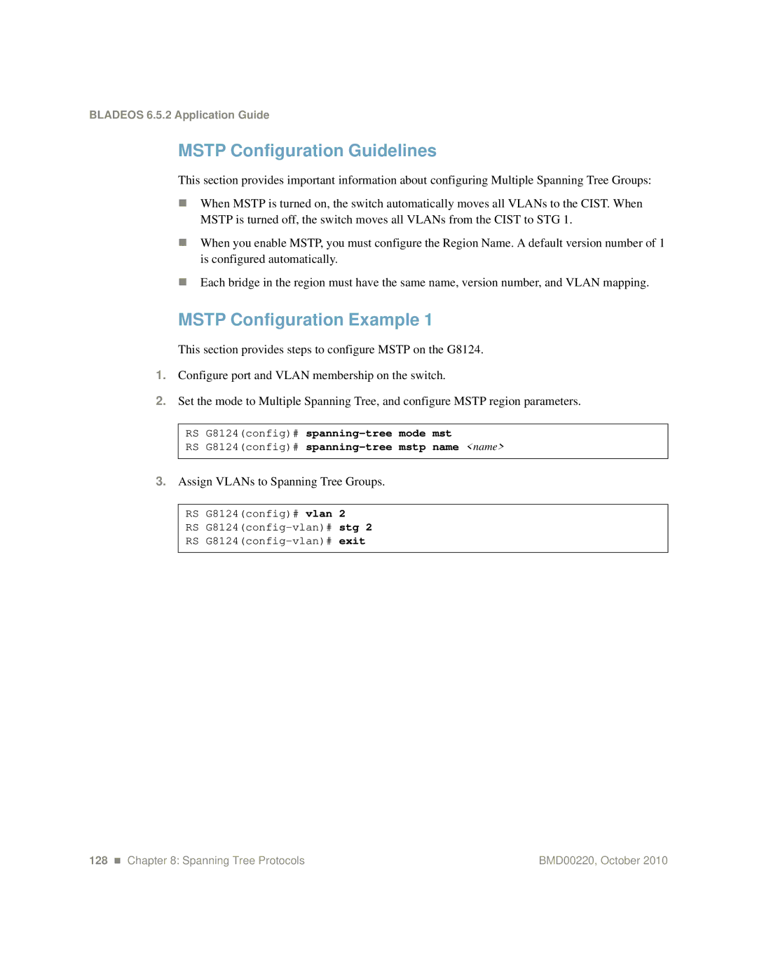 Blade ICE G8124-E manual Mstp Configuration Guidelines, Mstp Configuration Example, Assign VLANs to Spanning Tree Groups 