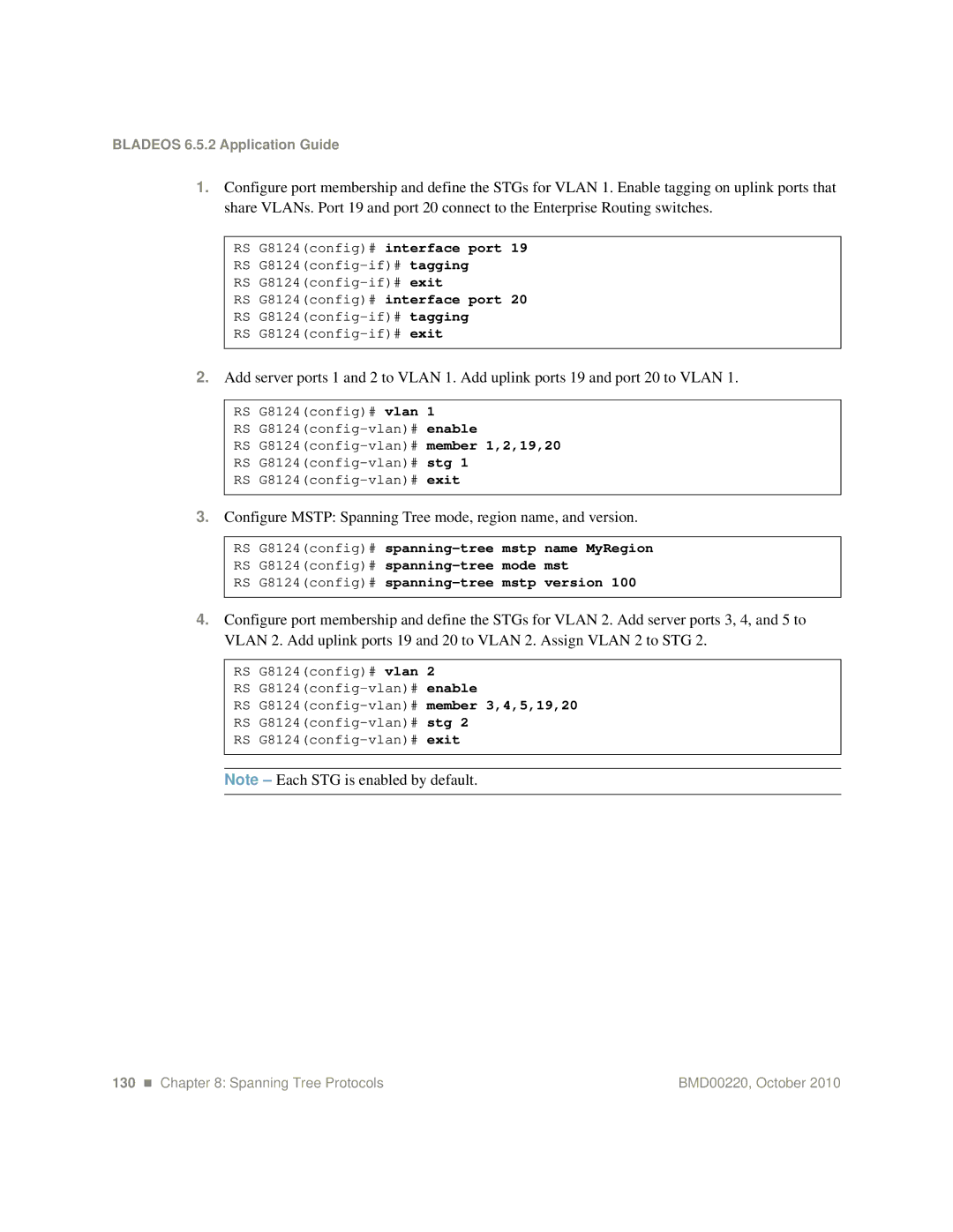 Blade ICE G8124-E manual Configure Mstp Spanning Tree mode, region name, and version 