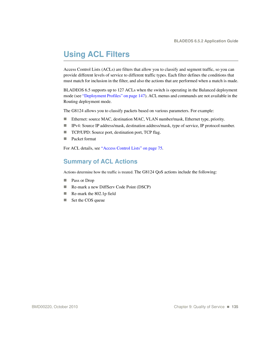 Blade ICE G8124-E manual Using ACL Filters, Summary of ACL Actions 