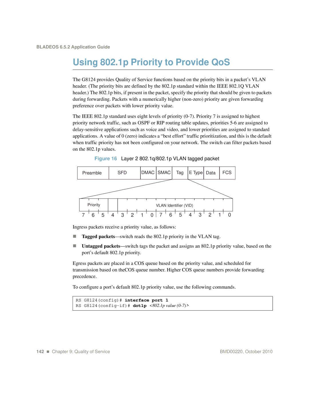 Blade ICE G8124-E manual Using 802.1p Priority to Provide QoS, Layer 2 802.1q/802.1p Vlan tagged packet 