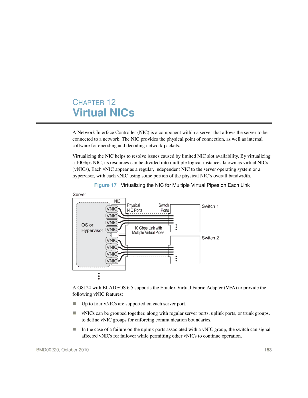 Blade ICE G8124-E manual Virtual NICs, Virtualizing the NIC for Multiple Virtual Pipes on Each Link 