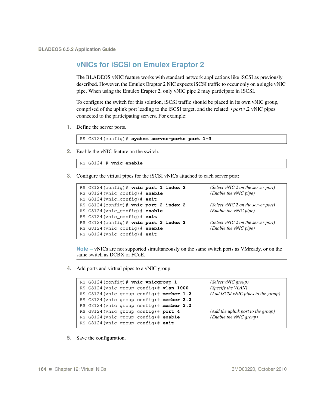 Blade ICE G8124-E manual VNICs for iSCSI on Emulex Eraptor, Add ports and virtual pipes to a vNIC group 