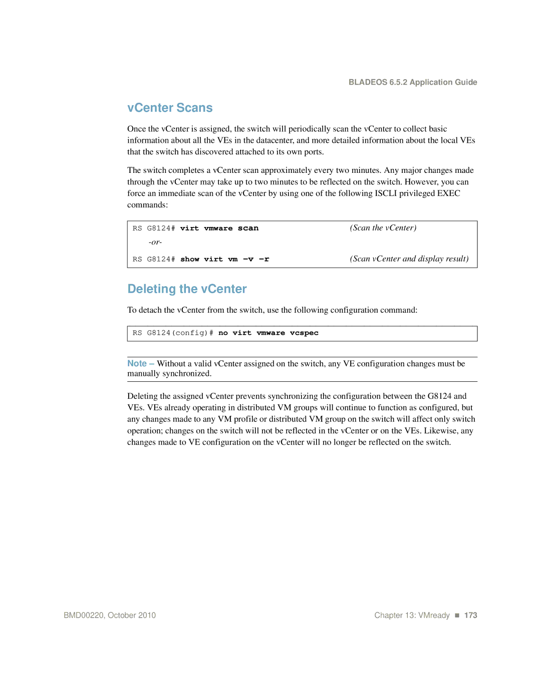 Blade ICE G8124-E manual VCenter Scans, Deleting the vCenter, G8124# virt vmware scan, G8124# show virt vm -v -r 