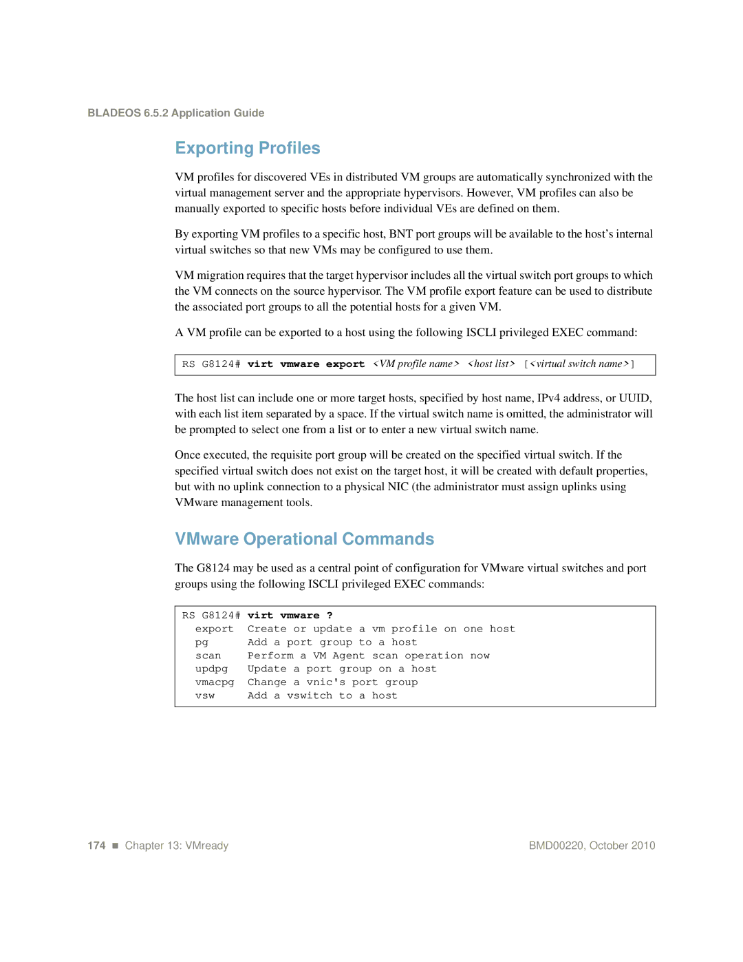 Blade ICE G8124-E manual Exporting Profiles, VMware Operational Commands, Virt vmware ? 