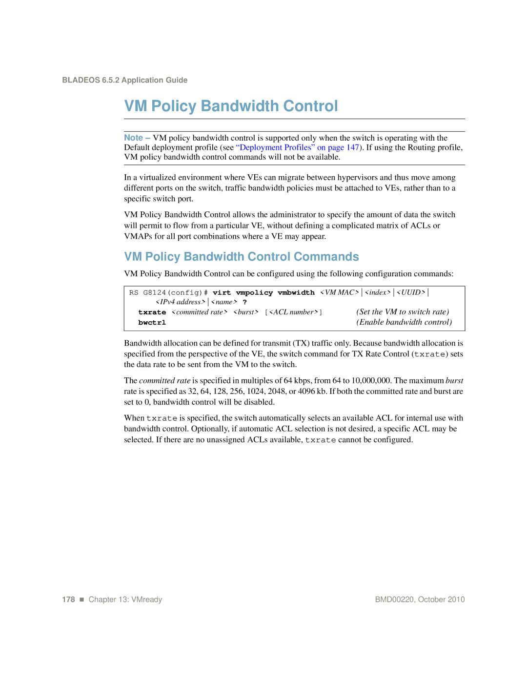 Blade ICE G8124-E VM Policy Bandwidth Control Commands, RS G8124config# virt vmpolicy vmbwidth VM MACindexUUID 