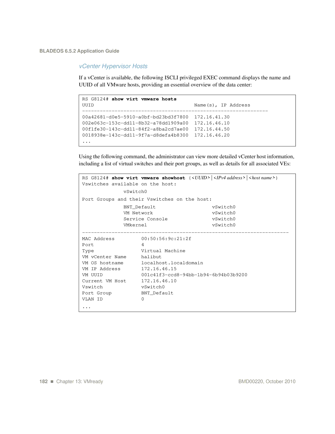 Blade ICE G8124-E manual VCenter Hypervisor Hosts, RS G8124# show virt vmware hosts 