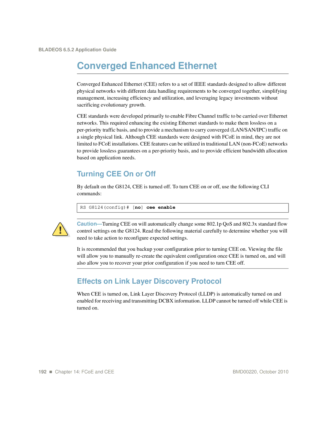 Blade ICE G8124-E manual Converged Enhanced Ethernet, Turning CEE On or Off, Effects on Link Layer Discovery Protocol 