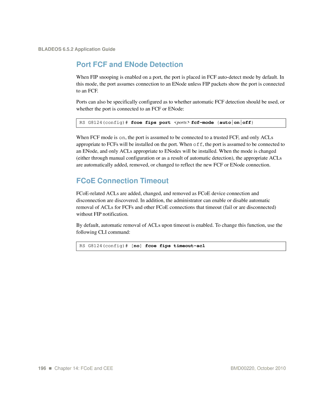 Blade ICE G8124-E manual Port FCF and ENode Detection, FCoE Connection Timeout, RS G8124config# no fcoe fips timeout-acl 