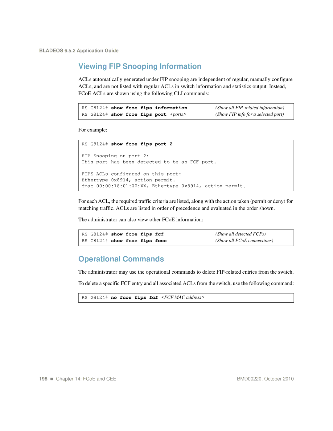 Blade ICE G8124-E manual Viewing FIP Snooping Information, Operational Commands, For example 