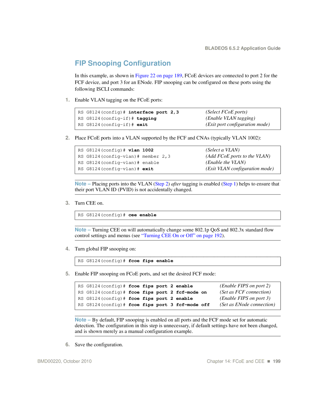 Blade ICE G8124-E manual FIP Snooping Configuration, Turn global FIP snooping on, RS G8124config# fcoe fips port 2 enable 