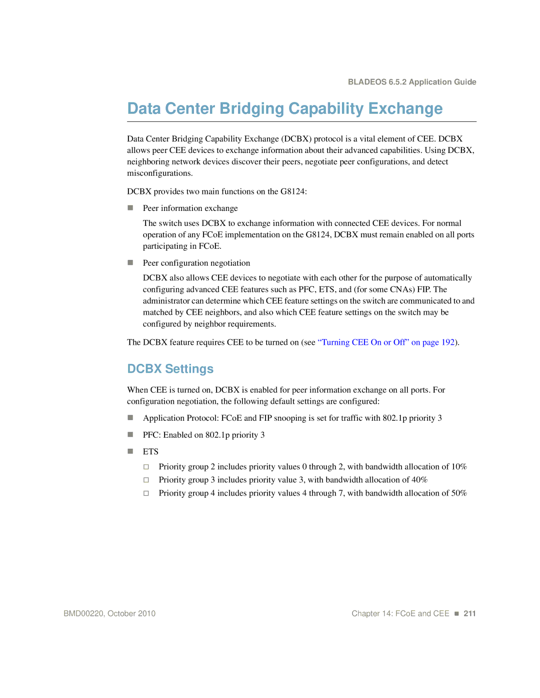 Blade ICE G8124-E manual Data Center Bridging Capability Exchange, Dcbx Settings 