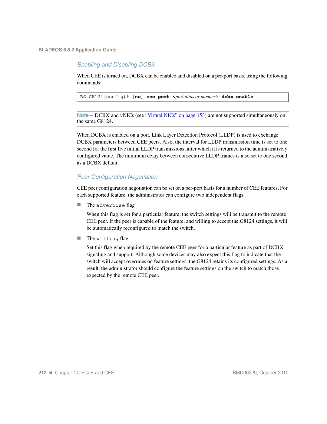 Blade ICE G8124-E manual Enabling and Disabling Dcbx, Peer Configuration Negotiation 