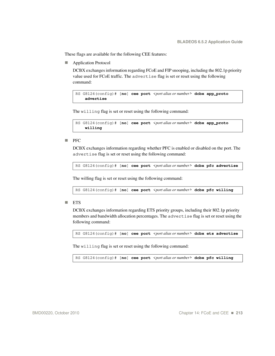 Blade ICE G8124-E manual Willing flag is set or reset using the following command, Pfc 