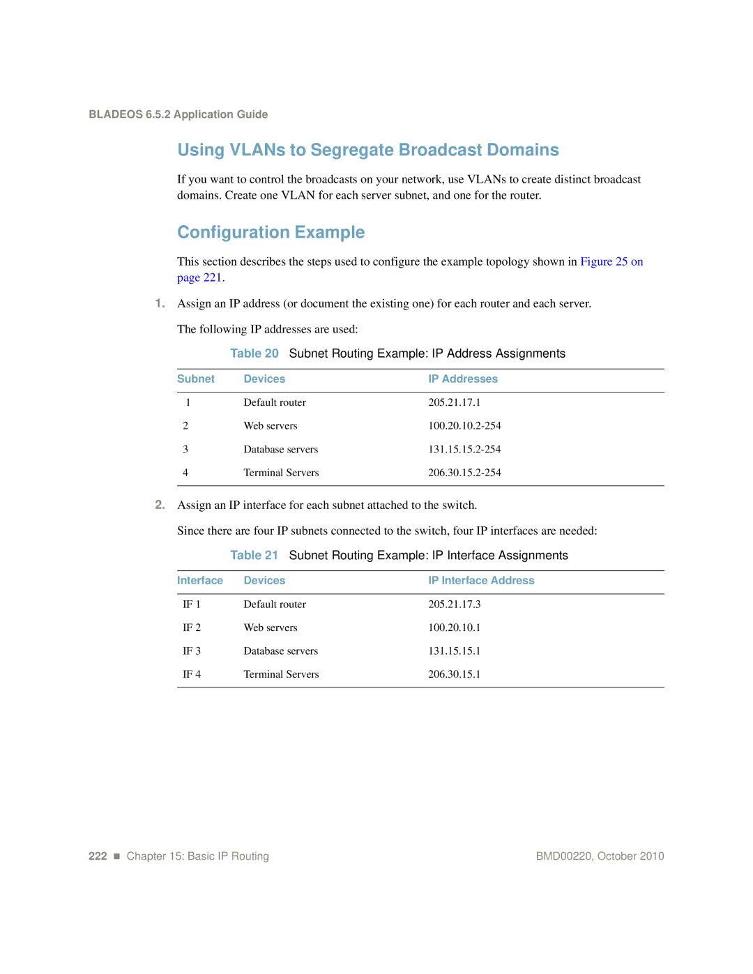 Blade ICE G8124-E manual Using VLANs to Segregate Broadcast Domains, Subnet Routing Example IP Address Assignments 