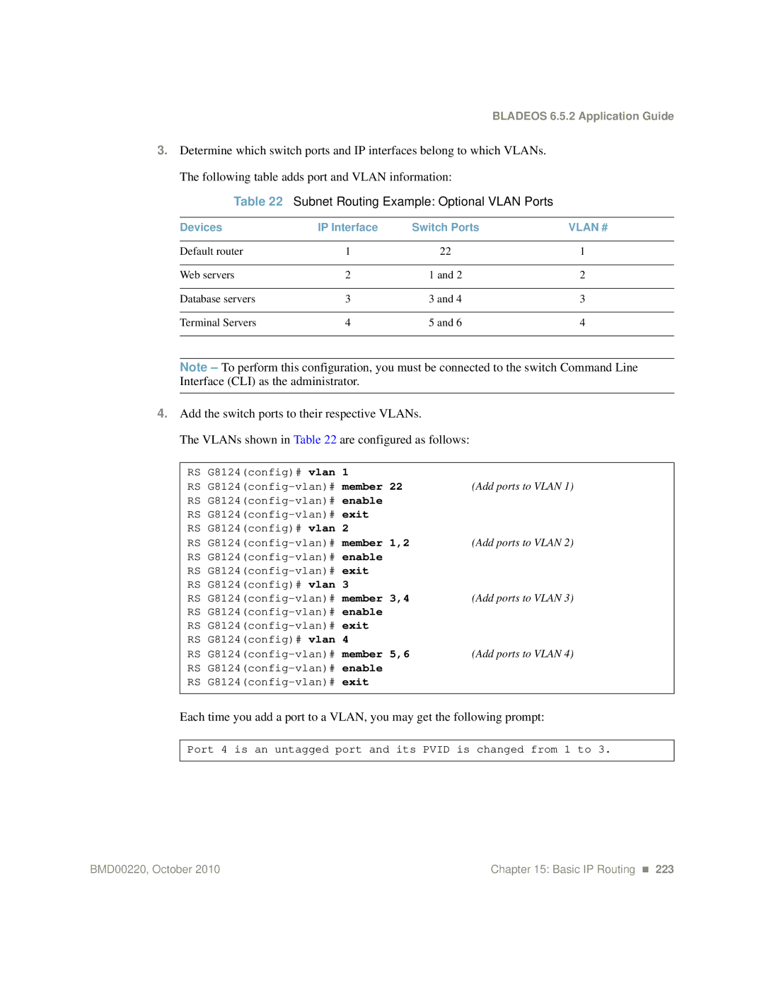 Blade ICE G8124-E manual Subnet Routing Example Optional Vlan Ports, Add ports to Vlan 