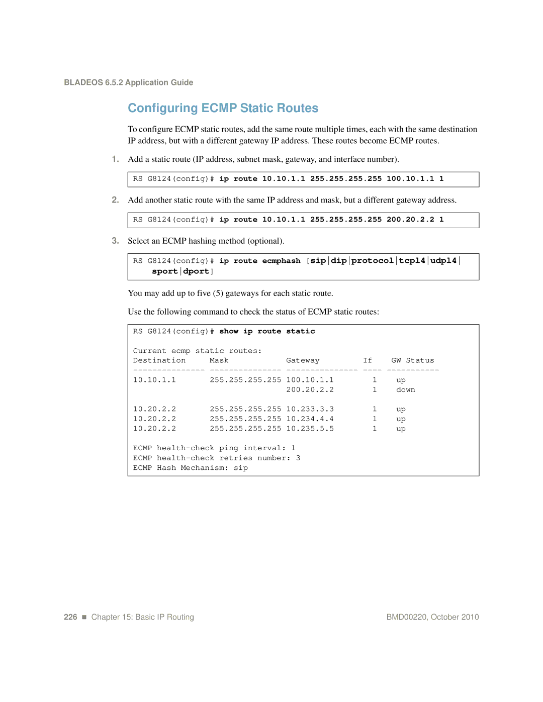 Blade ICE G8124-E manual Configuring Ecmp Static Routes, Select an Ecmp hashing method optional 