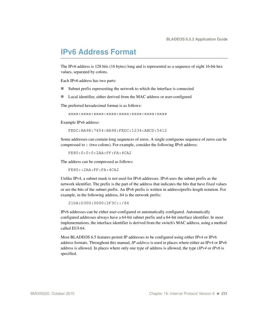 Blade ICE G8124-E manual IPv6 Address Format, Example IPv6 address, Address can be compressed as follows 