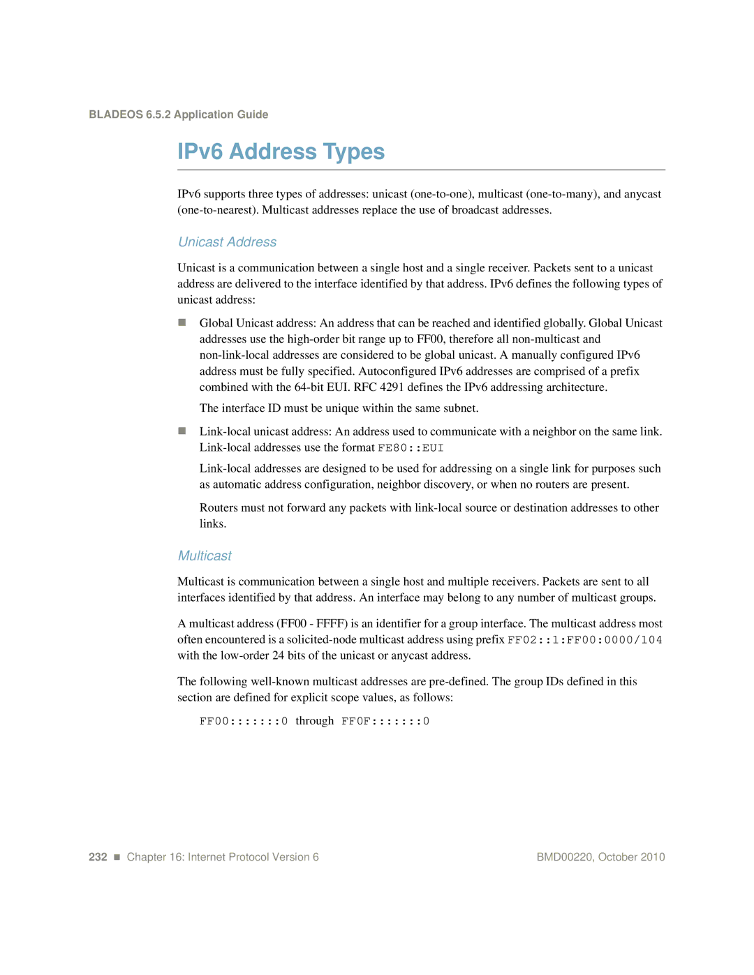 Blade ICE G8124-E manual IPv6 Address Types, Unicast Address, Multicast 