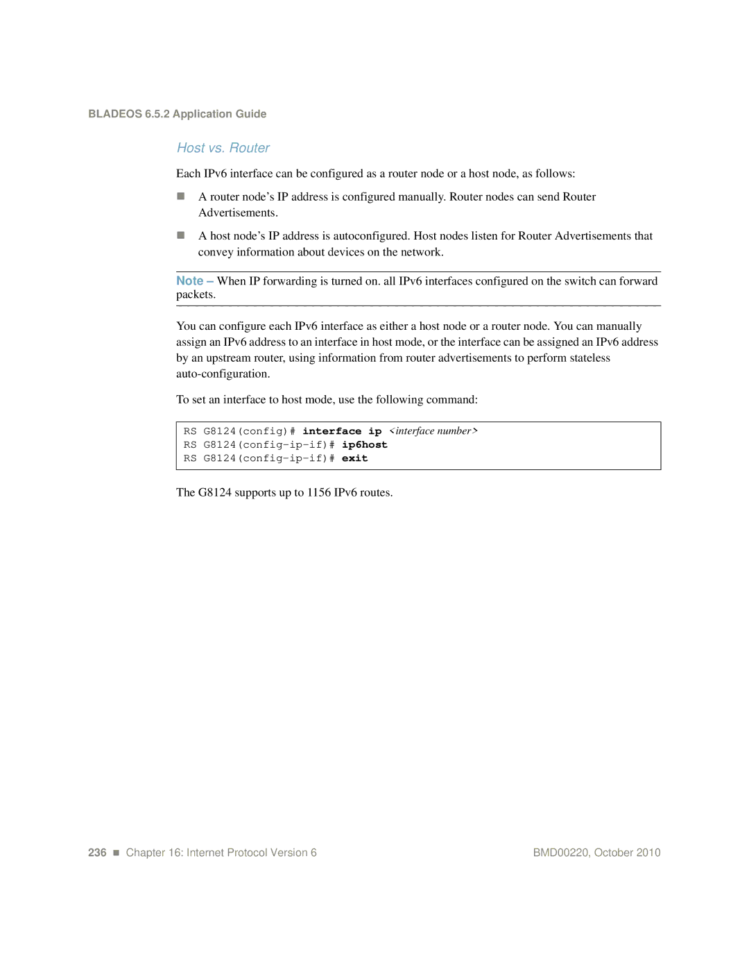 Blade ICE G8124-E manual Host vs. Router, G8124 supports up to 1156 IPv6 routes 