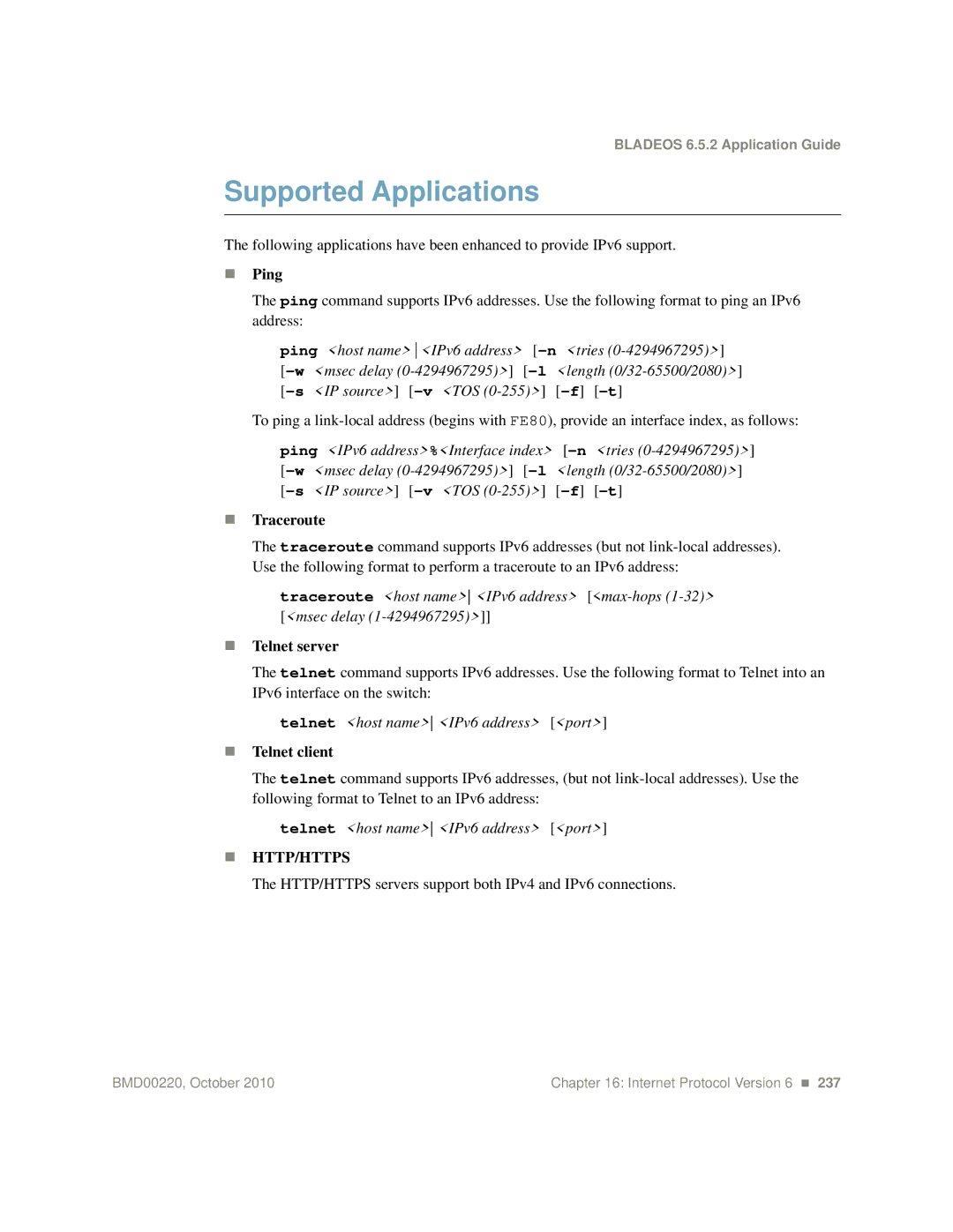 Blade ICE G8124-E manual Supported Applications, HTTP/HTTPS servers support both IPv4 and IPv6 connections 