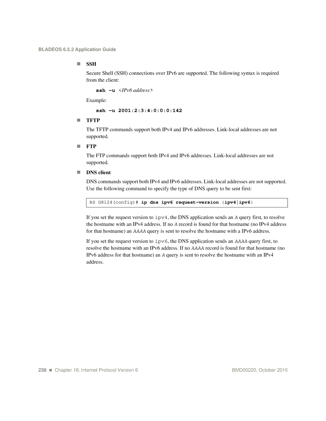 Blade ICE G8124-E manual Ssh, RS G8124config# ip dns ipv6 request-version ipv4ipv6 