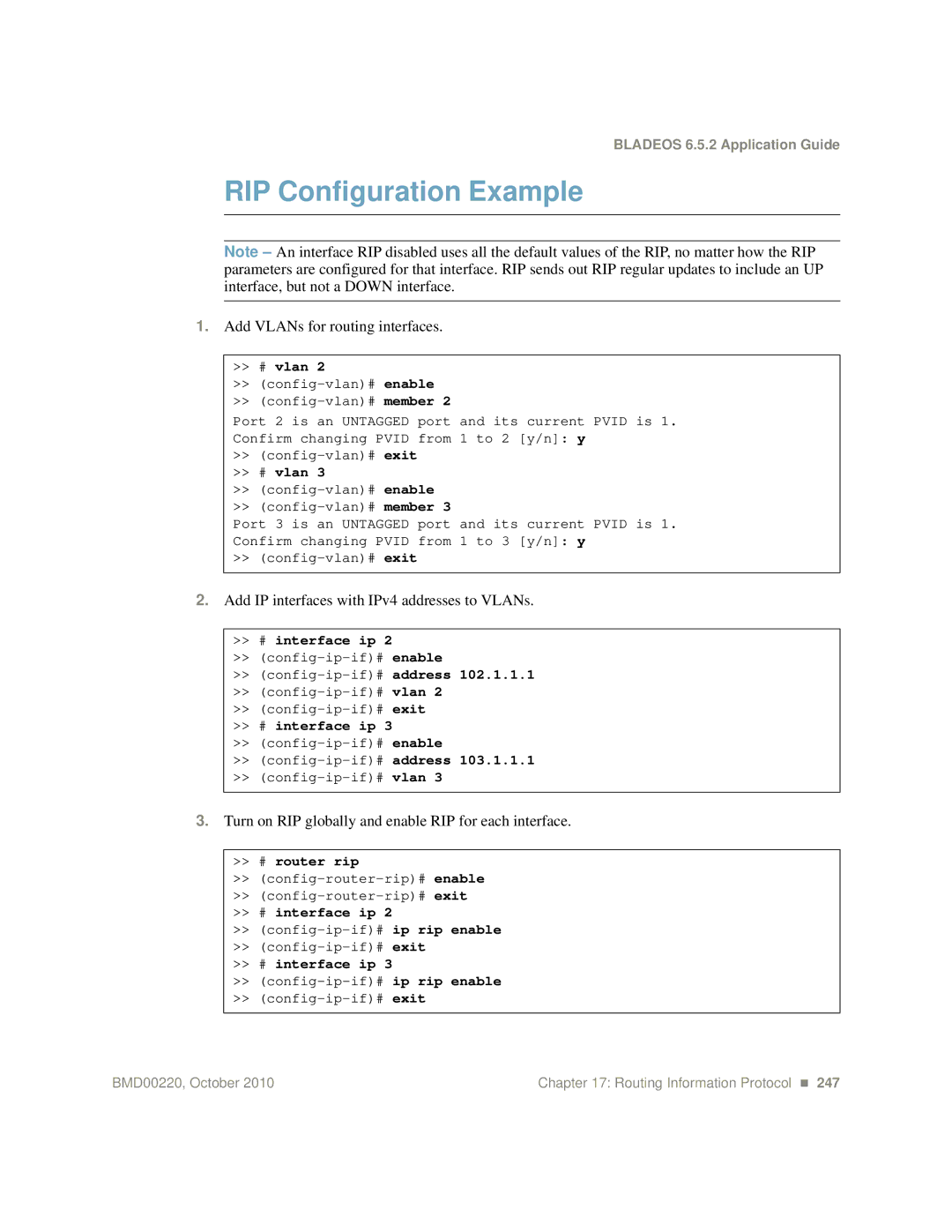 Blade ICE G8124-E manual RIP Configuration Example, Add VLANs for routing interfaces 