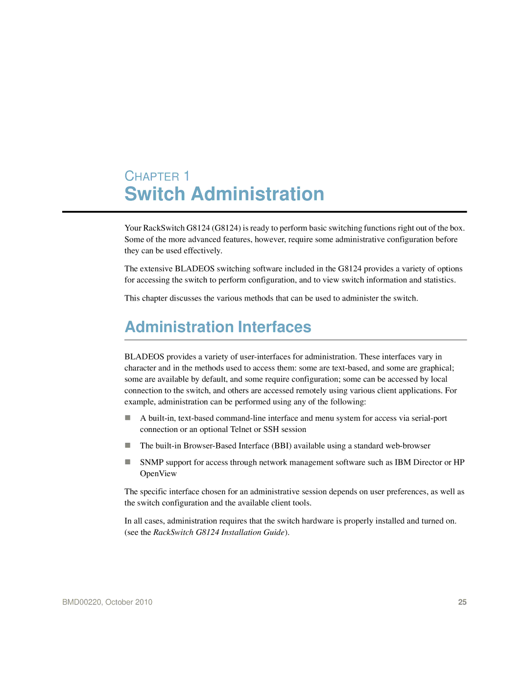 Blade ICE G8124-E manual Switch Administration, Administration Interfaces 