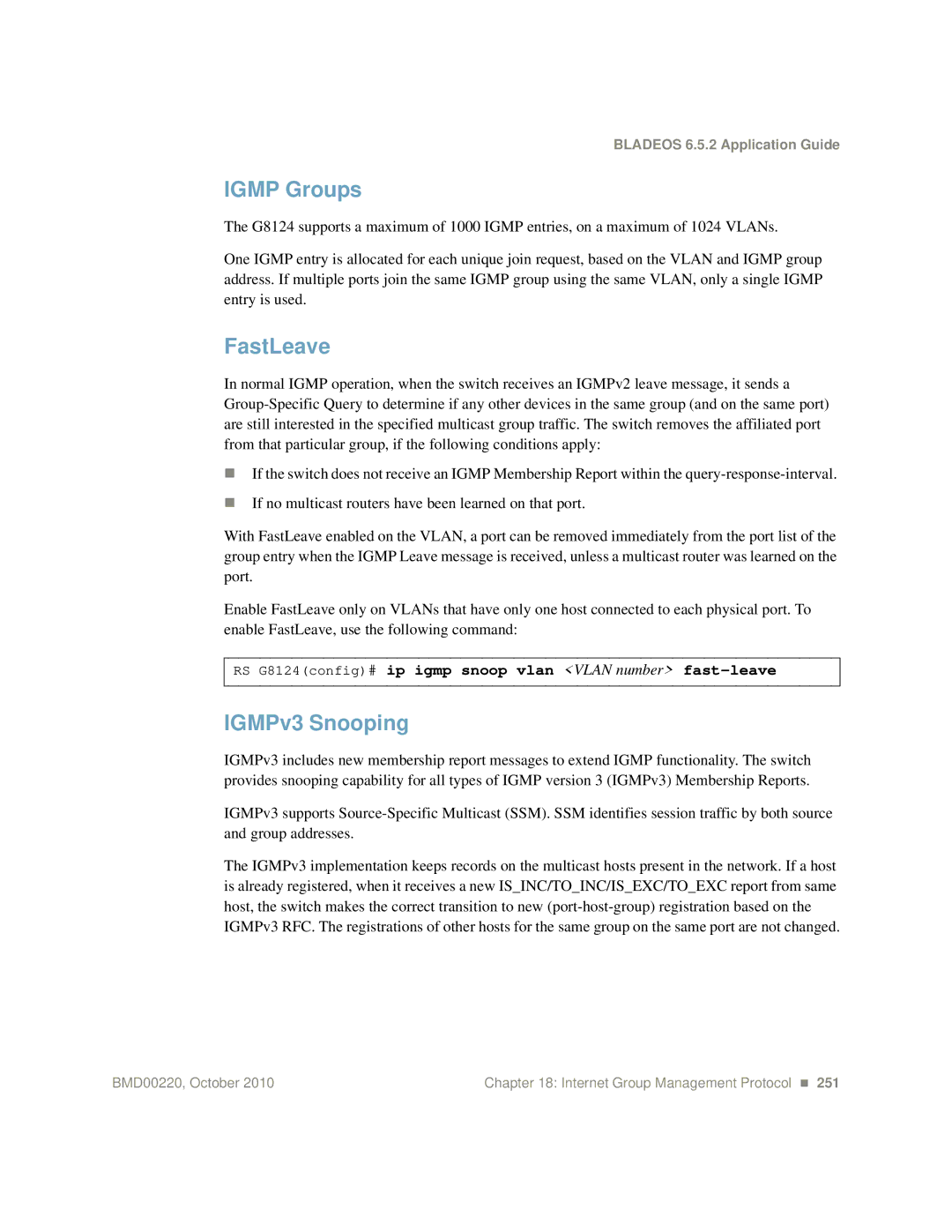 Blade ICE G8124-E manual Igmp Groups, FastLeave, IGMPv3 Snooping 