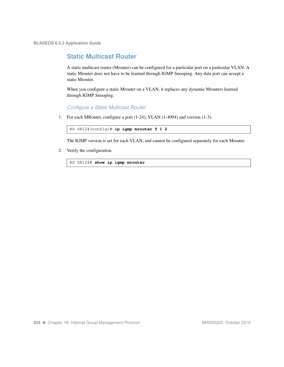 Blade ICE G8124-E manual Configure a Static Multicast Router, RS G8124config# ip igmp mrouter 5 1 