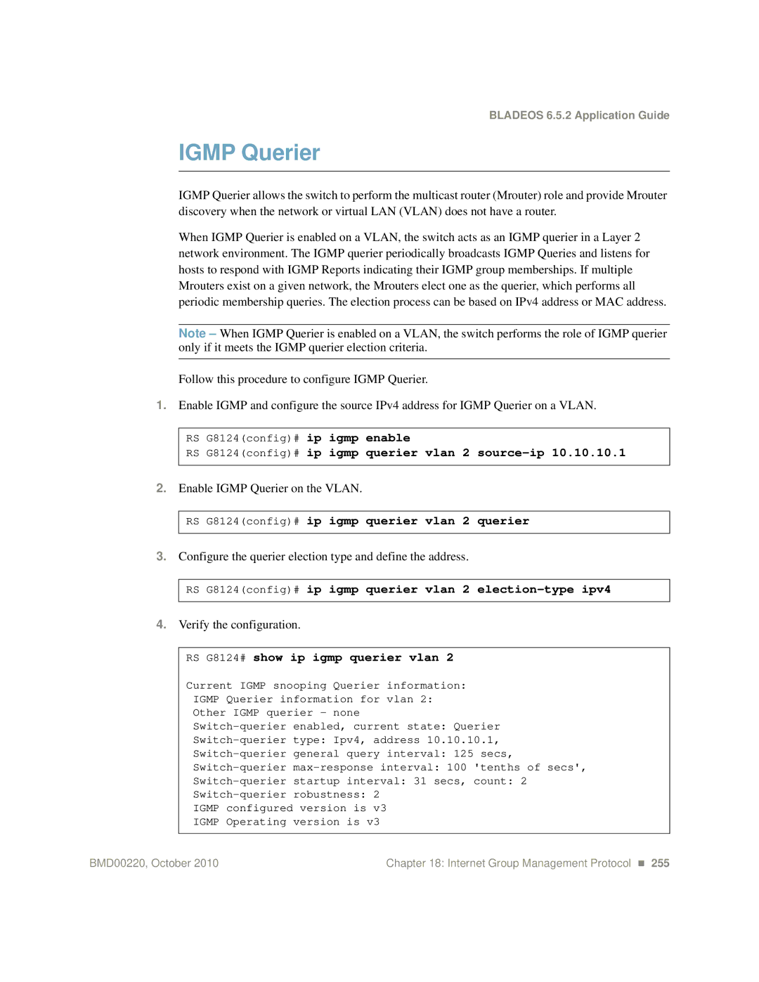 Blade ICE G8124-E manual Enable Igmp Querier on the Vlan, Configure the querier election type and define the address 