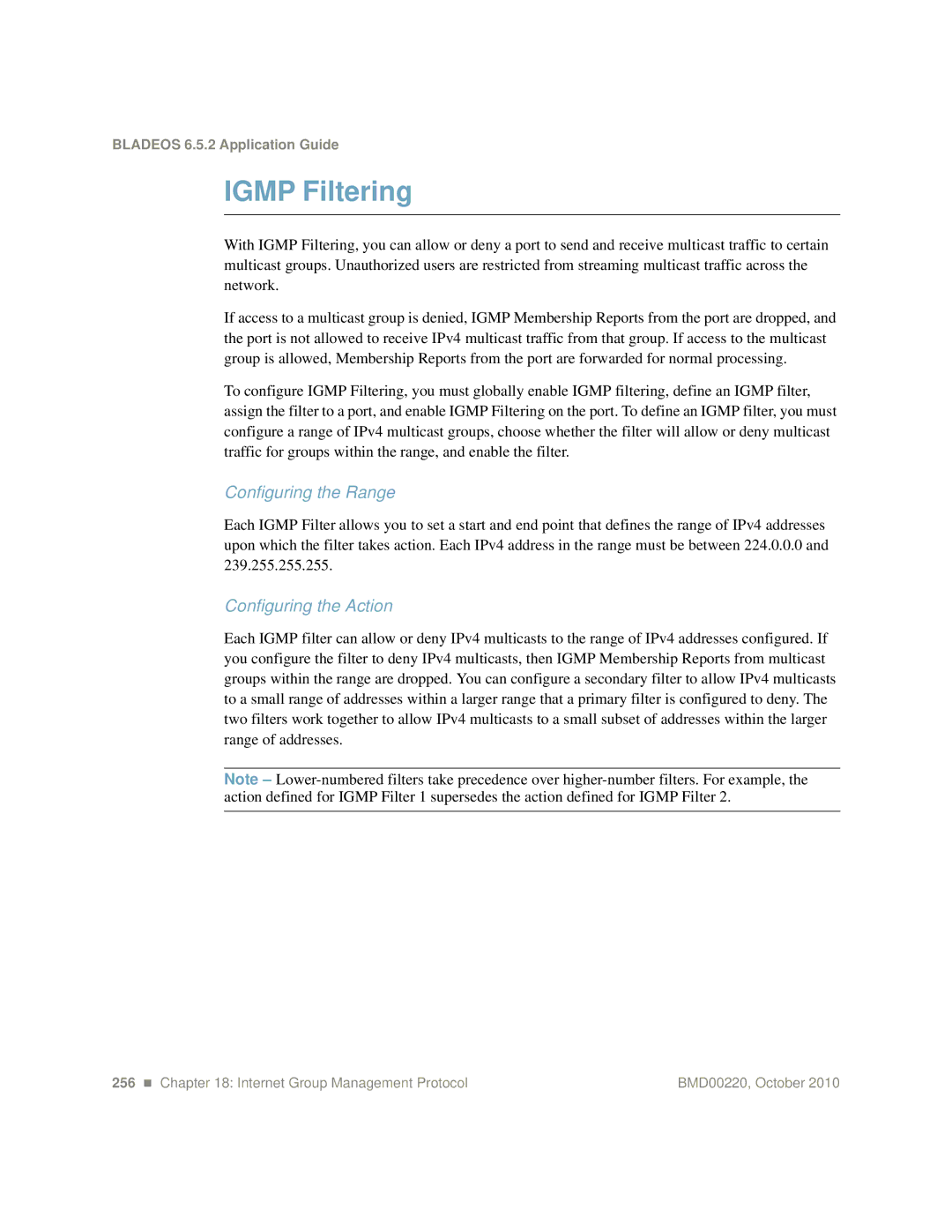 Blade ICE G8124-E manual Igmp Filtering, Configuring the Range, Configuring the Action 