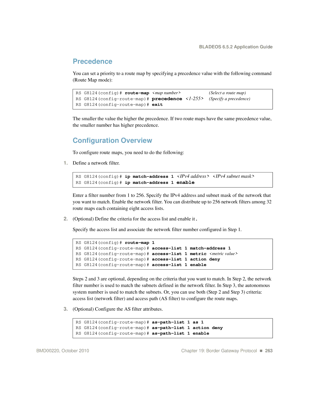 Blade ICE G8124-E manual Precedence, Configuration Overview, RS G8124config# ip match-address 1 enable 