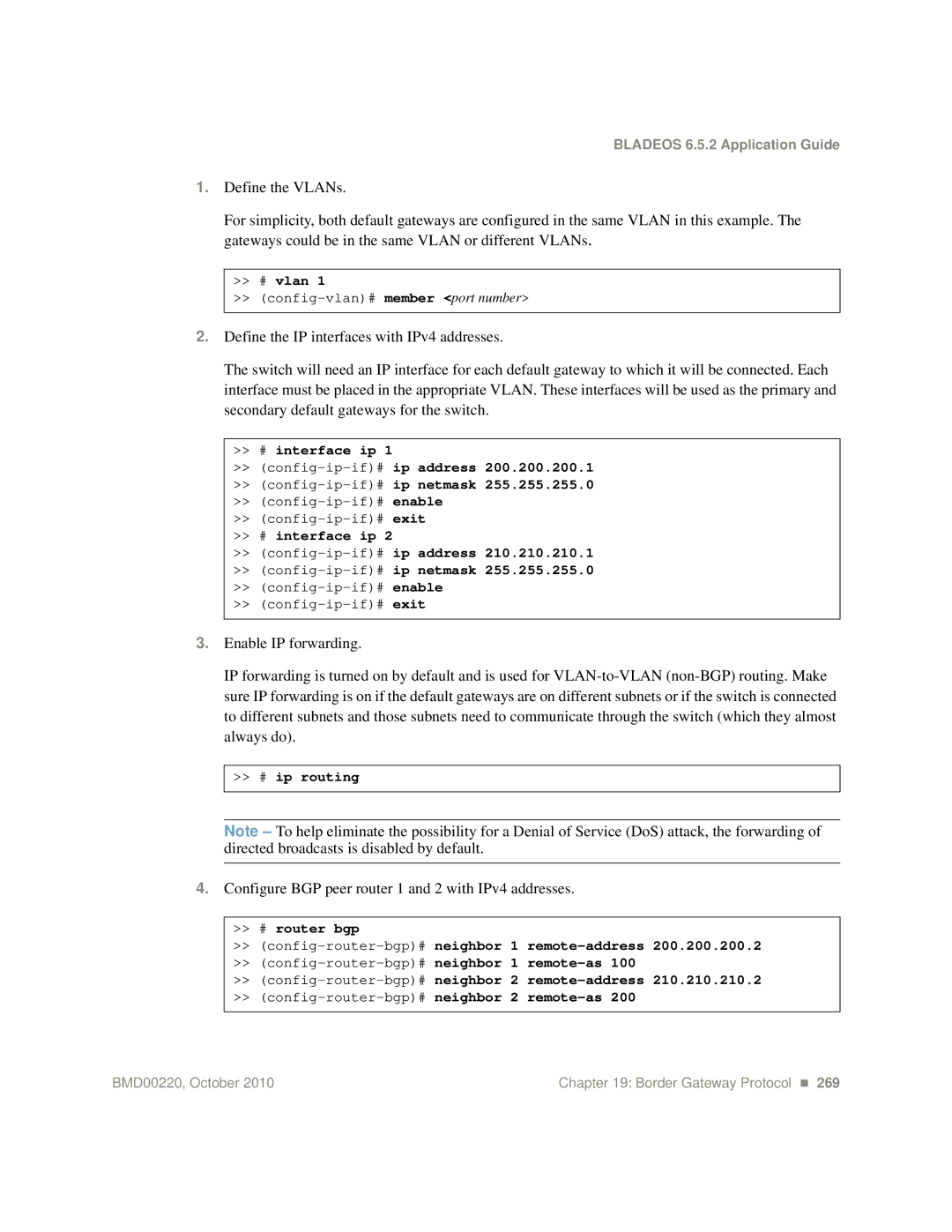 Blade ICE G8124-E manual Configure BGP peer router 1 and 2 with IPv4 addresses, # ip routing 