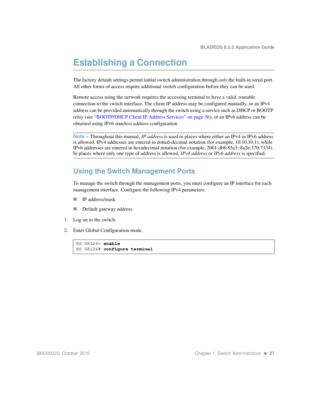 Blade ICE G8124-E manual Establishing a Connection, Using the Switch Management Ports, RS G8124# configure terminal 