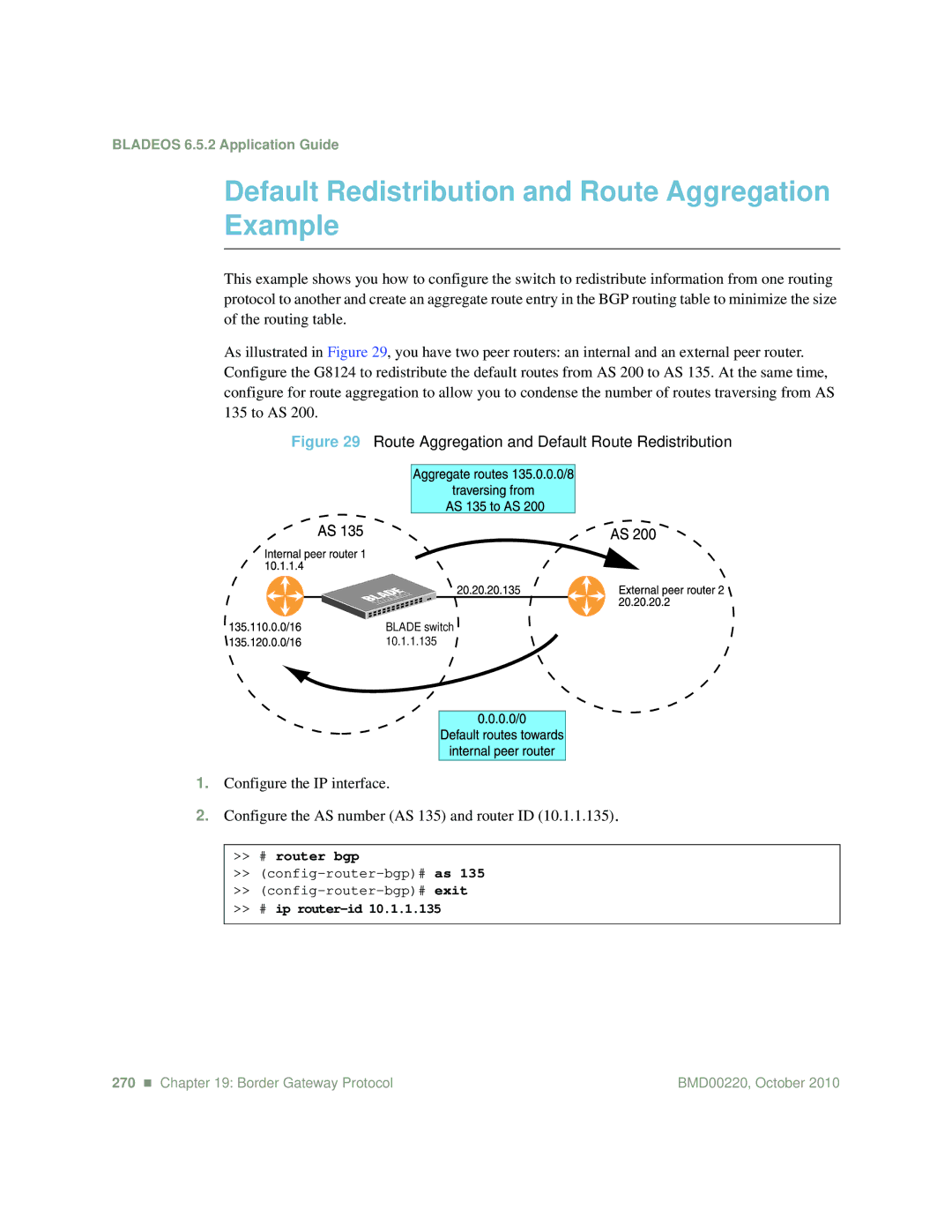 Blade ICE G8124-E manual Default Redistribution and Route Aggregation Example, # router bgp, # ip router-id 