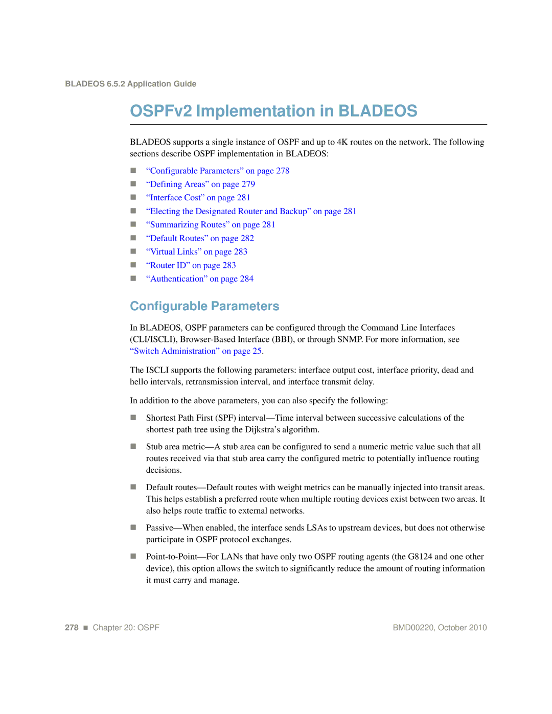 Blade ICE G8124-E manual OSPFv2 Implementation in Bladeos, Configurable Parameters 