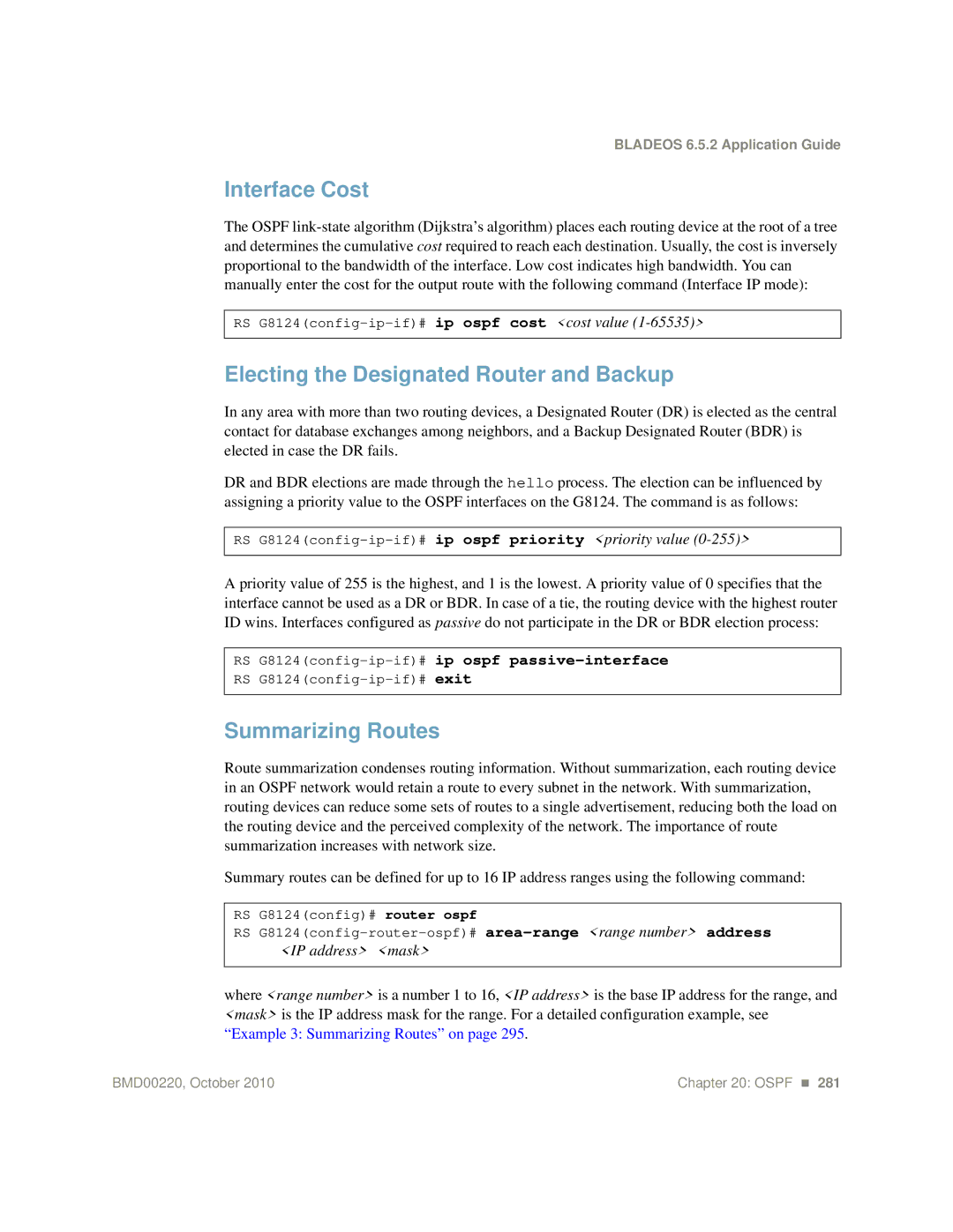 Blade ICE G8124-E manual Interface Cost, Electing the Designated Router and Backup, Summarizing Routes 