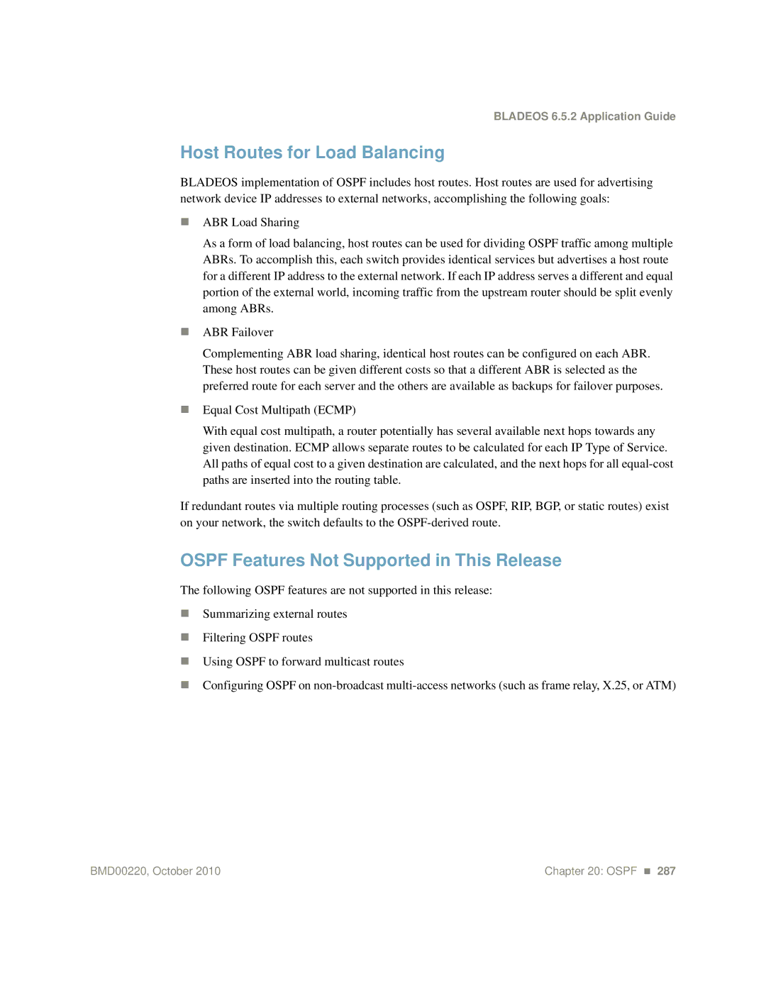 Blade ICE G8124-E manual Host Routes for Load Balancing, Ospf Features Not Supported in This Release 