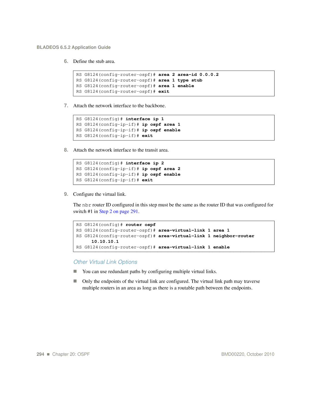 Blade ICE G8124-E manual Other Virtual Link Options, Define the stub area 