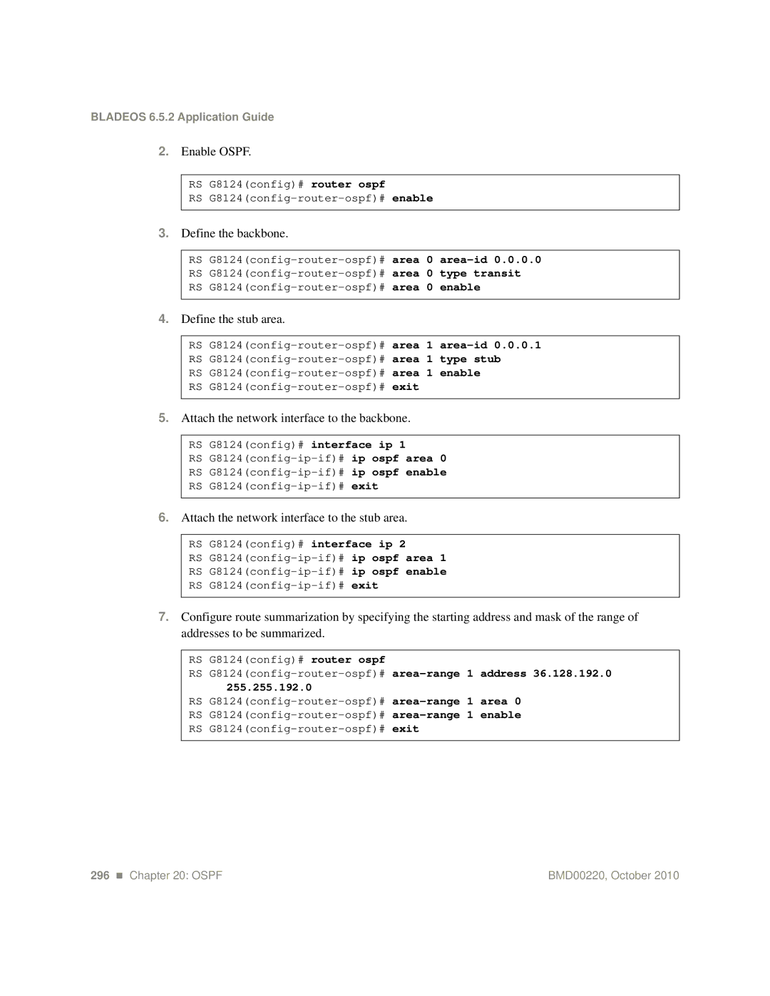 Blade ICE G8124-E manual RS G8124config-router-ospf#area-range 1 address 36.128.192.0 