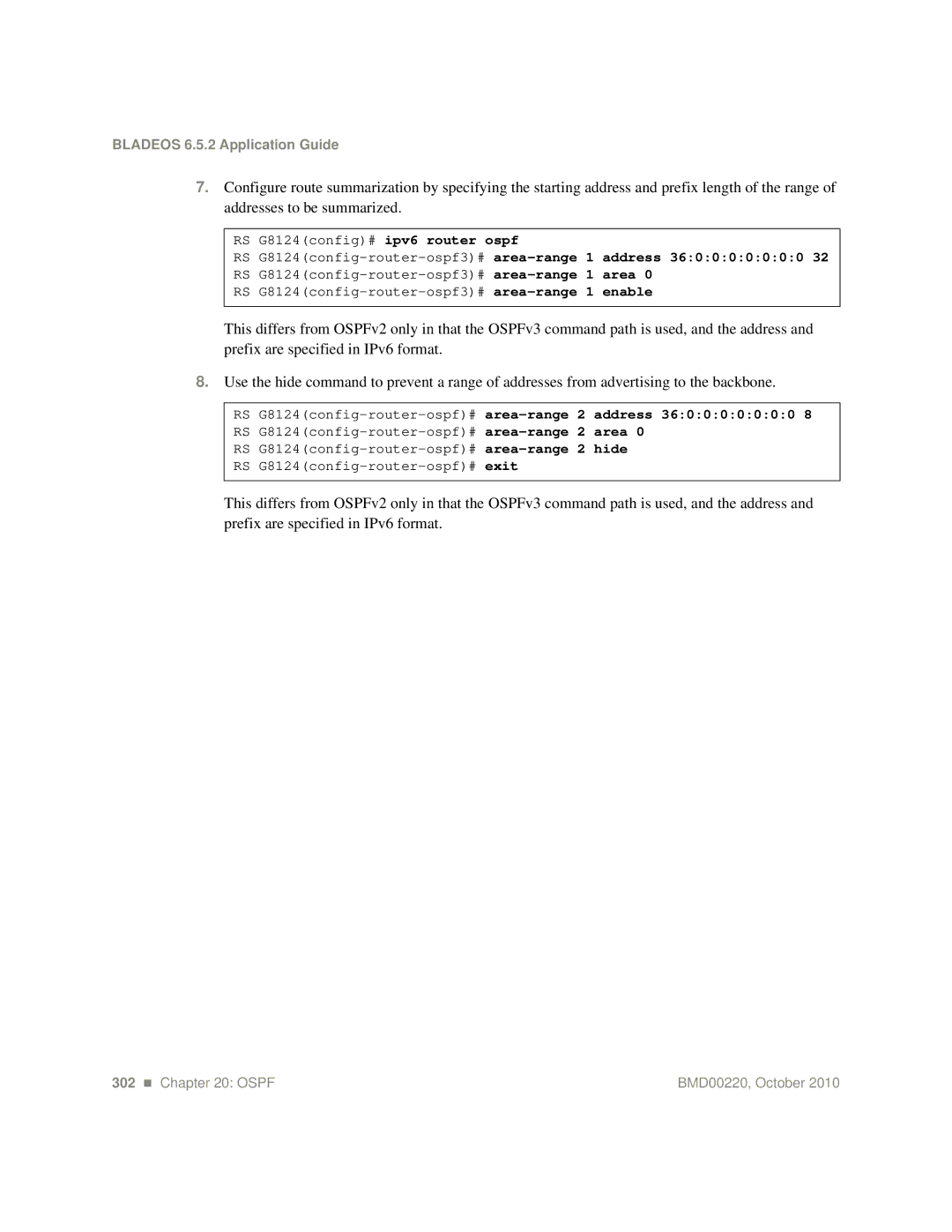 Blade ICE G8124-E manual RS G8124config-router-ospf3#area-range 1 address 360000000 