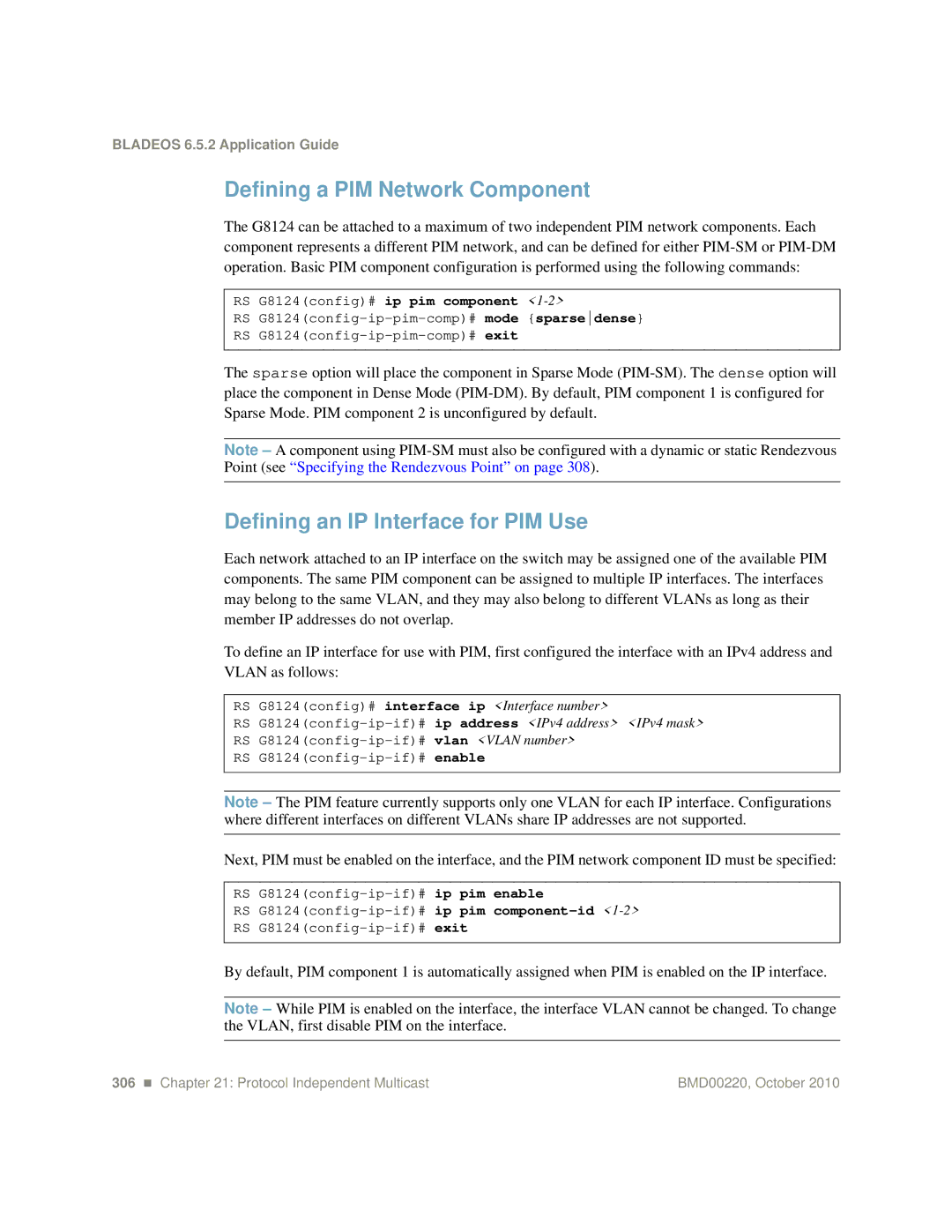 Blade ICE G8124-E manual Defining a PIM Network Component, Defining an IP Interface for PIM Use 